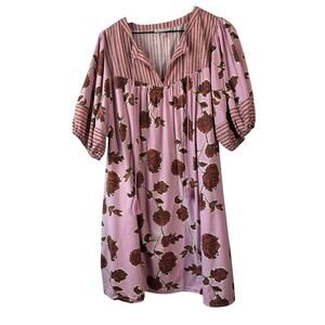 Knox Rose Dress Womens XXL Pink Floral Short Sleeve V Neck Puff Tasseled Boho